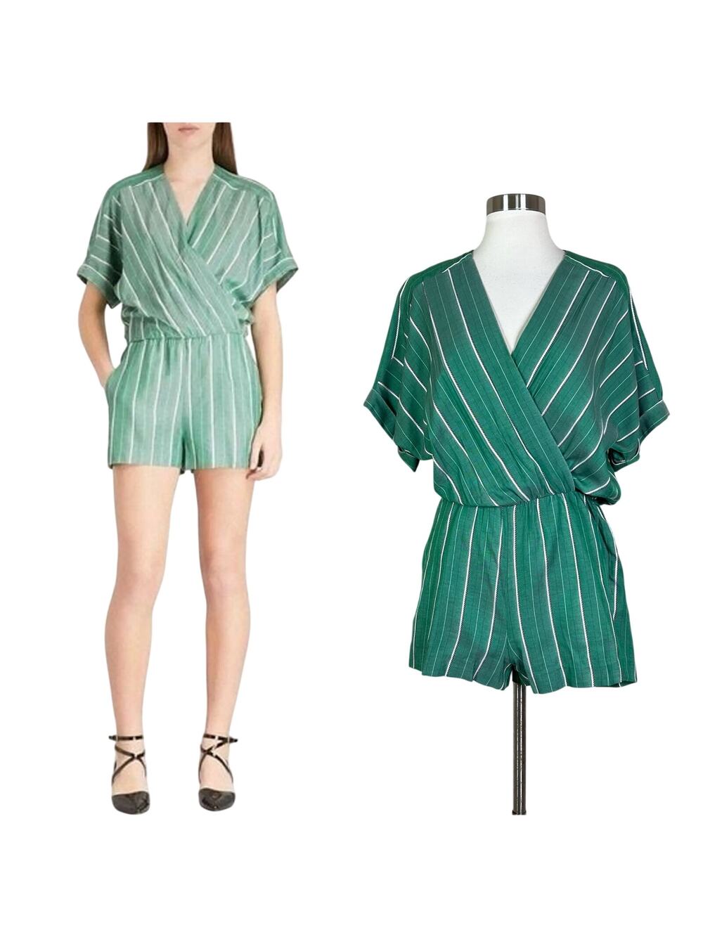 Maje | Ipandoni Green Striped Short Sleeve V Neck Romper $340 Women's 36 Small